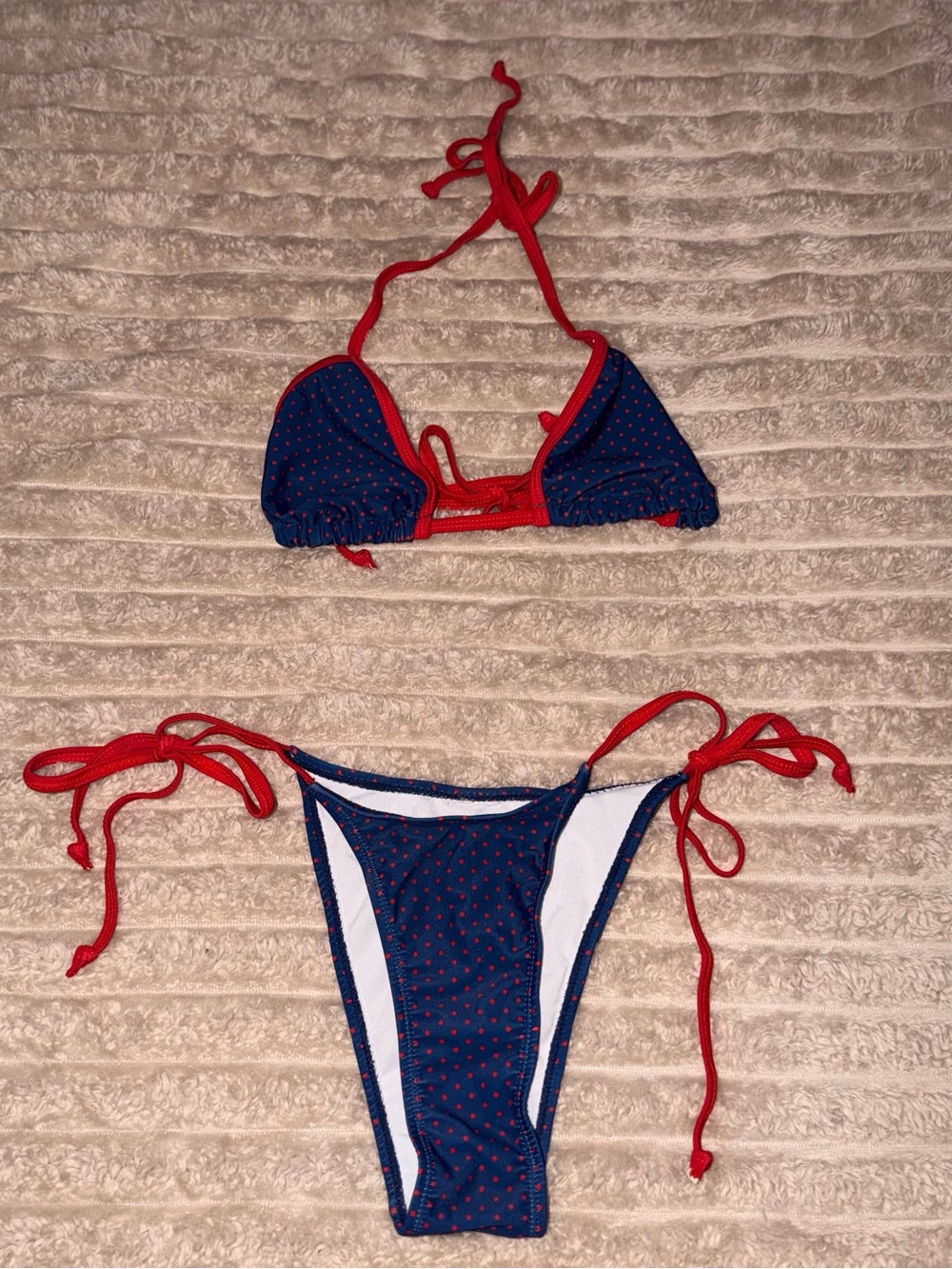 Women's Navy and Red Polka Dot Tie-Side Bikini